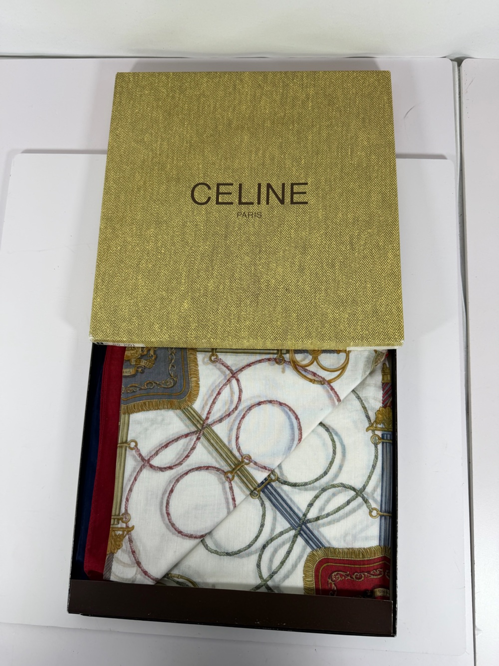 Vintage Celine Paris Equestrian Cotton Handkerchief Scarf Set of 2 Boxed
